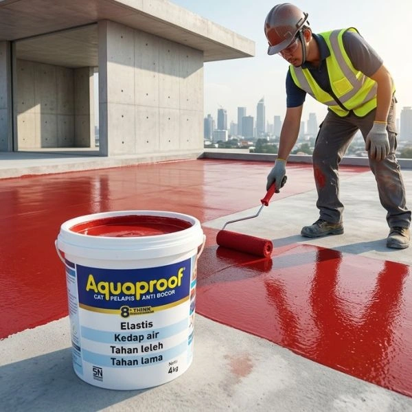 Construction worker in a hard hat and highvisibility vest rolls red waterproof coating onto a rooftop Aquaproof bucket in the foreground with a city skyline in the background